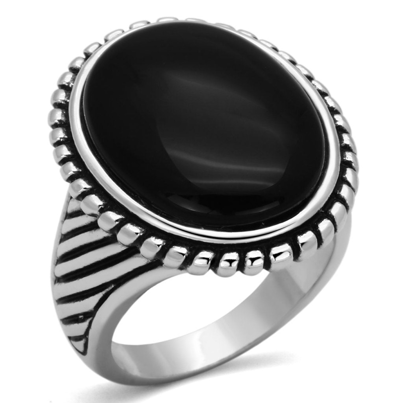 3W318 - Rhodium Brass Ring With Semi-Precious Onyx In Jet