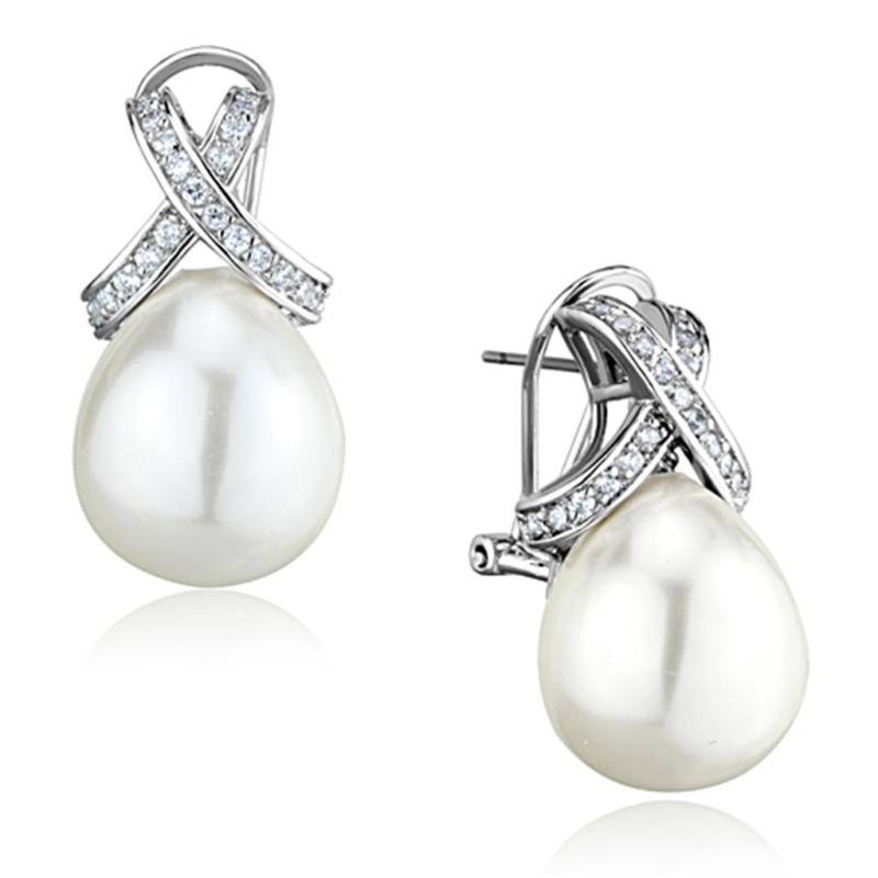 Rhodium Brass Earrings With Synthetic Pearl In White