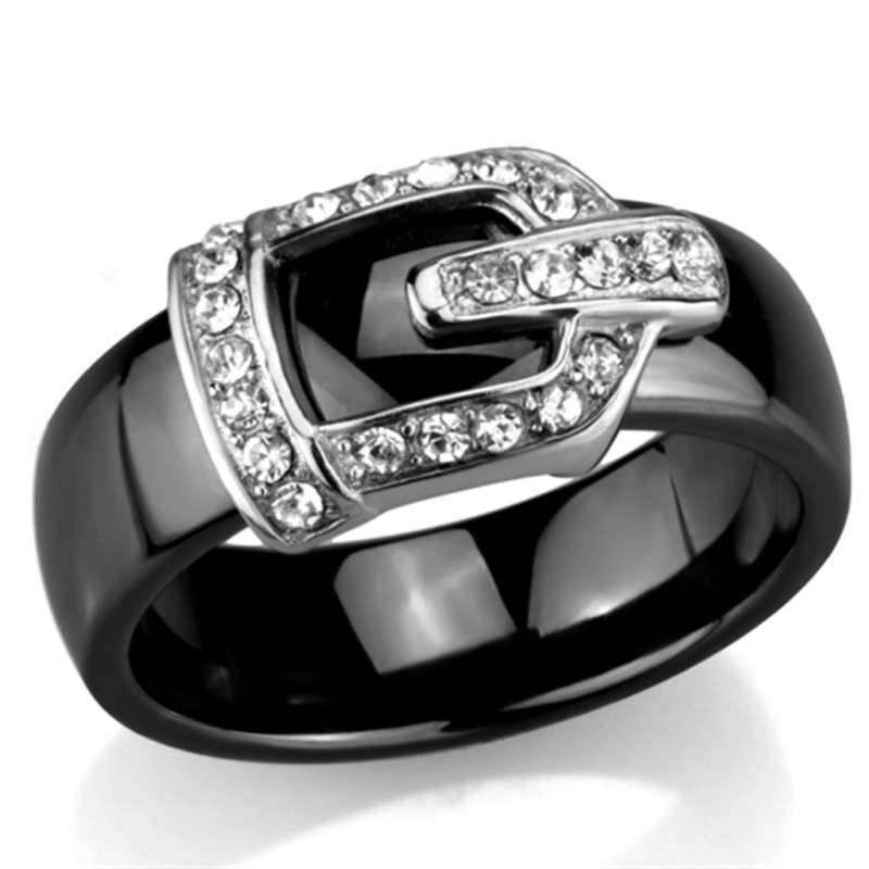 3W954 - High Polished (No Plating) Stainless Steel Ring With Ceramic In Jet