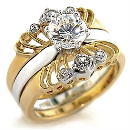 Alamode Gold+Rhodium Brass Ring with Clear AAA Grade CZ - Size 5