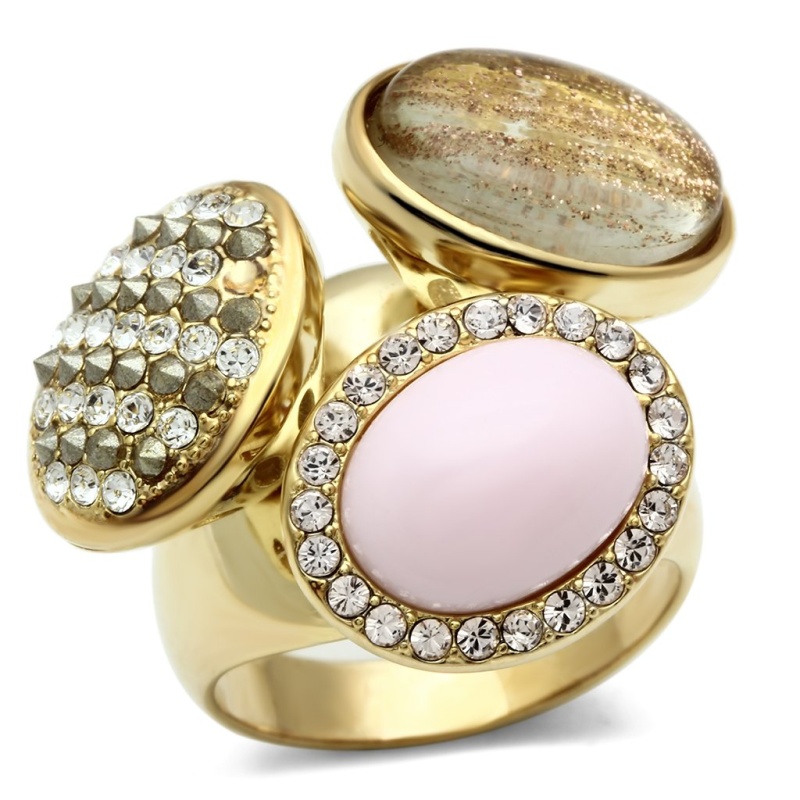 Gl301 - Ip Gold(Ion Plating) Brass Ring With Top Grade Crystal In Multi Color