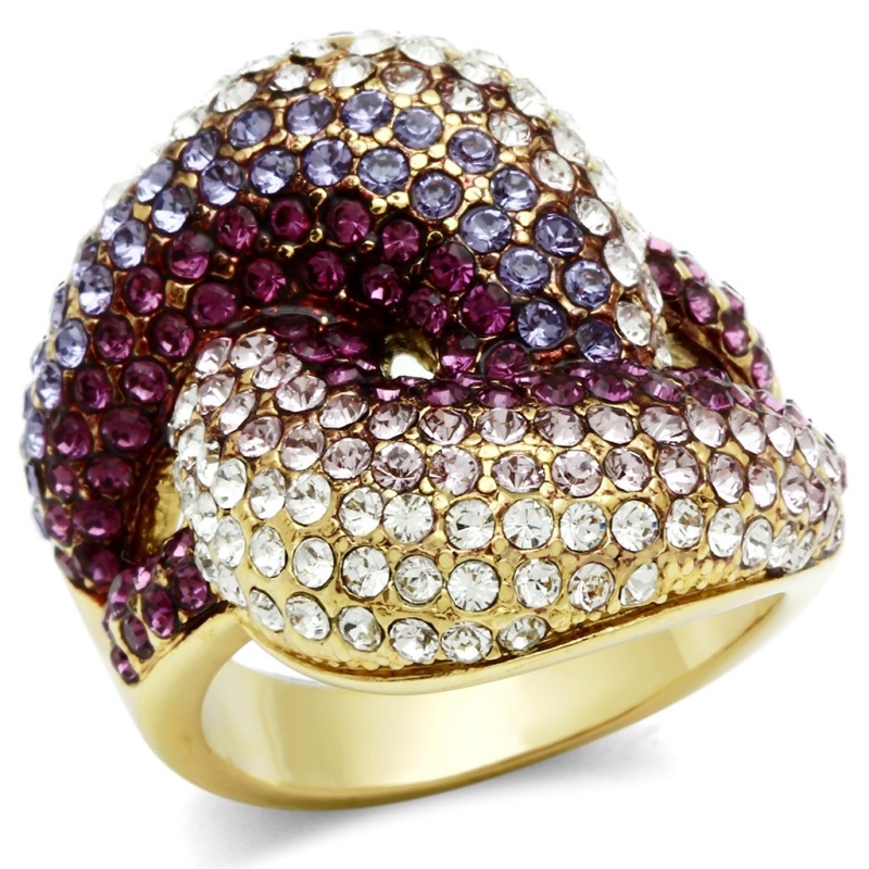 Gl306 - Ip Gold(Ion Plating) Brass Ring With Top Grade Crystal In Multi Color