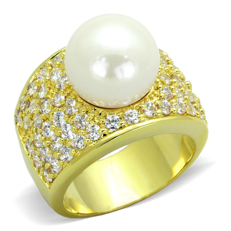 Lo3385 - Gold Brass Ring With Synthetic Pearl In White