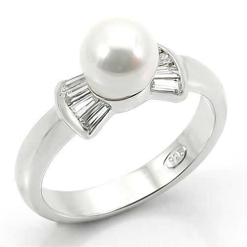 Alamode Rhodium 925 Sterling Silver Ring with White Synthetic Pearl, Size 10