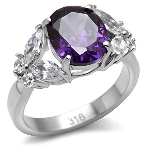 Tk086 - High Polished (No Plating) Stainless Steel Ring With Aaa Grade Cz In Amethyst