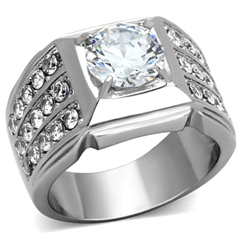Tk1233 - High Polished (No Plating) Stainless Steel Ring With Aaa Grade Cz In Clear
