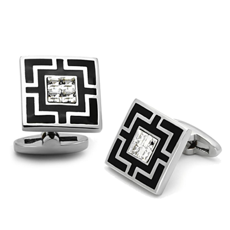 Alamode Clear Crystal Stainless Steel Cufflink