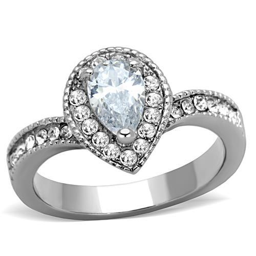 Tk1759 - High Polished (No Plating) Stainless Steel Ring With Aaa Grade Cz In Clear