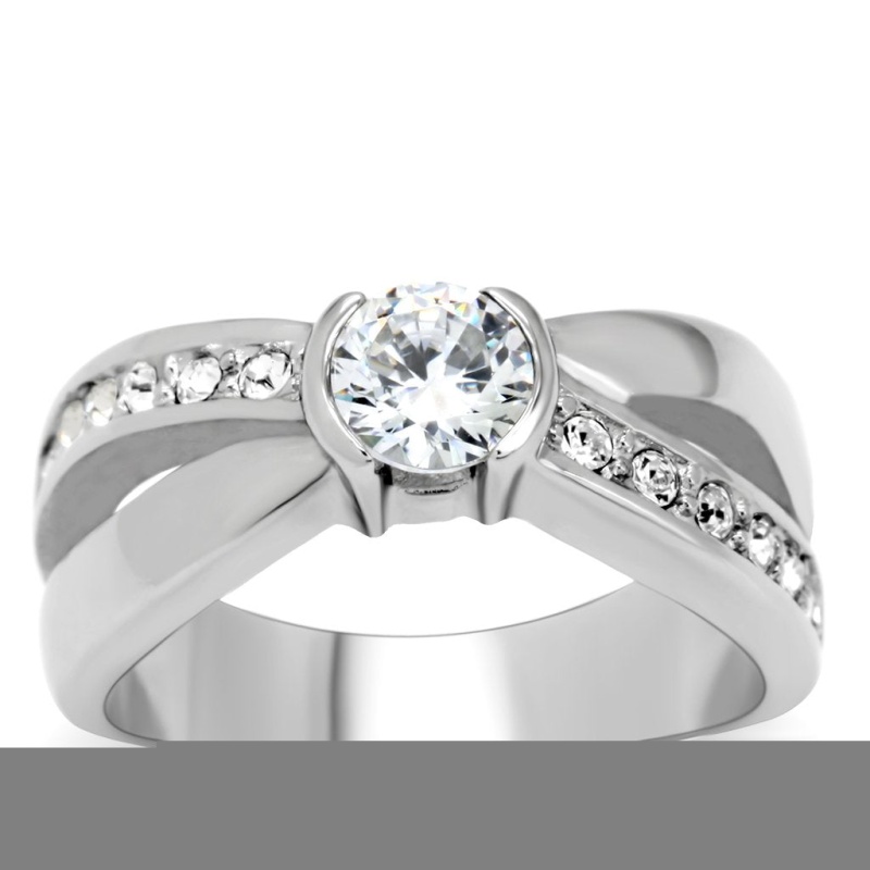 Tk214 - High Polished (No Plating) Stainless Steel Ring With Aaa Grade Cz In Clear