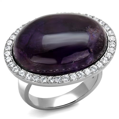 Tk3083 - High Polished (No Plating) Stainless Steel Ring With Semi-Precious Amethyst Crystal In Amethyst