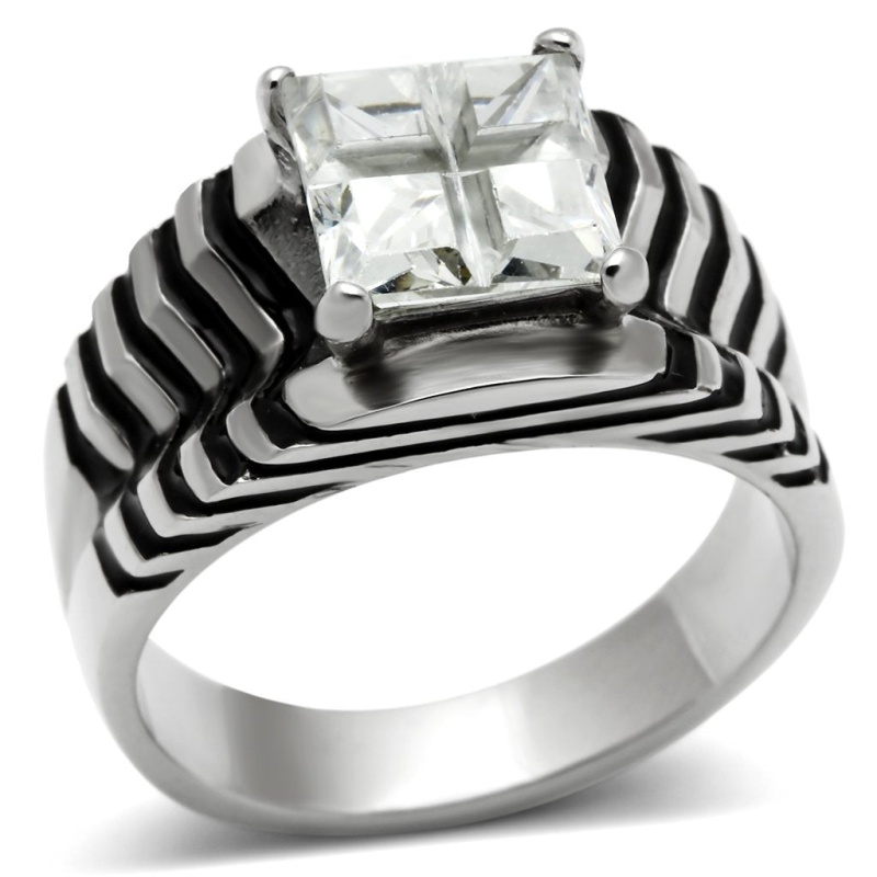 Tk393 - High Polished (No Plating) Stainless Steel Ring With Aaa Grade Cz In Clear