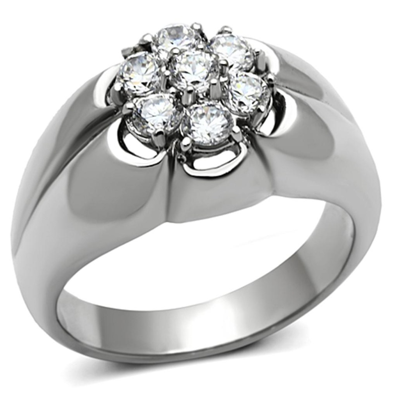 Tk944 - High Polished (No Plating) Stainless Steel Ring With Aaa Grade Cz In Clear