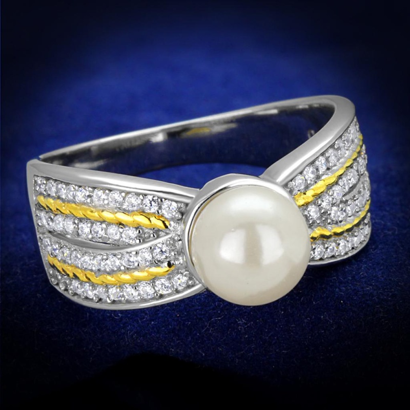 Ts377 - Reverse Two-Tone 925 Sterling Silver Ring With Synthetic Pearl In White