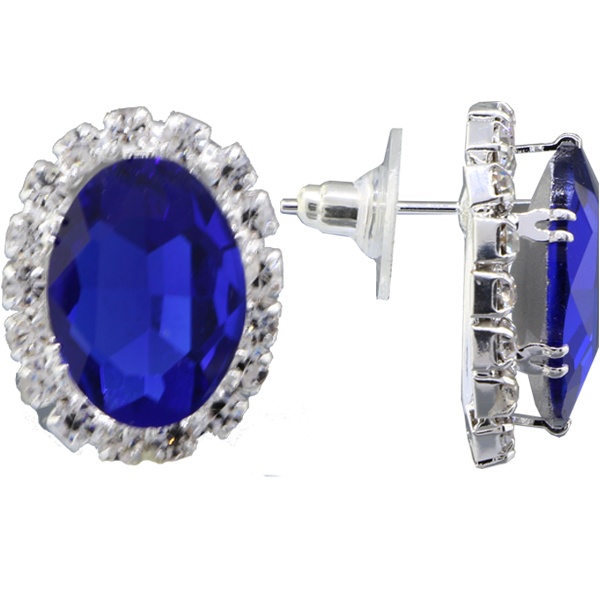 Oval Rhinestone Earrings 18X13 Mm Sapphire Crystal - Pair