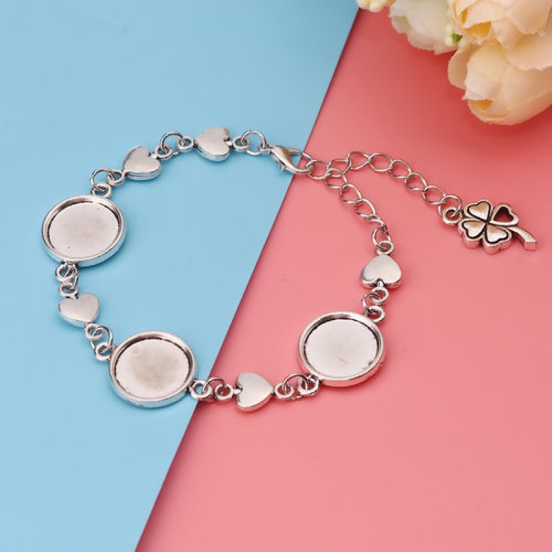 Bracelets Four Leaf Clover Antique Silver Color Heart Cabochon Settings (Fits 14Mm Dia.) 17.5Cm(6 7/8") Long, 2 Pcs
