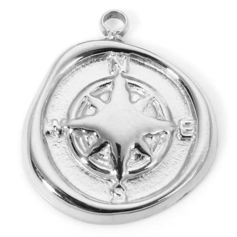 304 Stainless Steel Galaxy Disc Charm, Silver-Tone Eight-Pointed Star