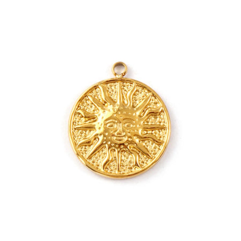 1 Piece Eco-Friendly Pvd Vacuum Plating Waterproof Anti-Tarnish Hypoallergenic 304 Stainless Steel Galaxy Charms 18K Real Gold Plated Round Disc Sun 21Mm X 18Mm