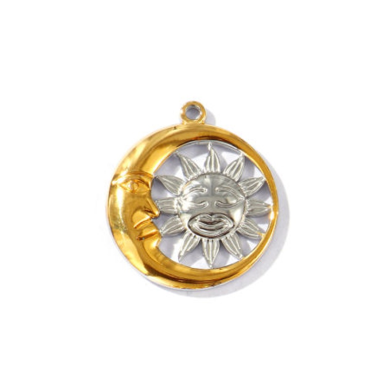 2 Pcs Eco-Friendly Pvd Vacuum Plating Waterproof Anti-Tarnish Hypoallergenic 304 Stainless Steel Galaxy Charms 18K Real Gold Plated & Silver Tone Round Sun & Moon Two Tone 29Mm X 25.5Mm