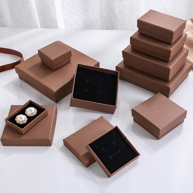 Paper Jewelry Gift Boxes Square Brown 5Cm X 5Cm X 3Cm , 4 Pcs