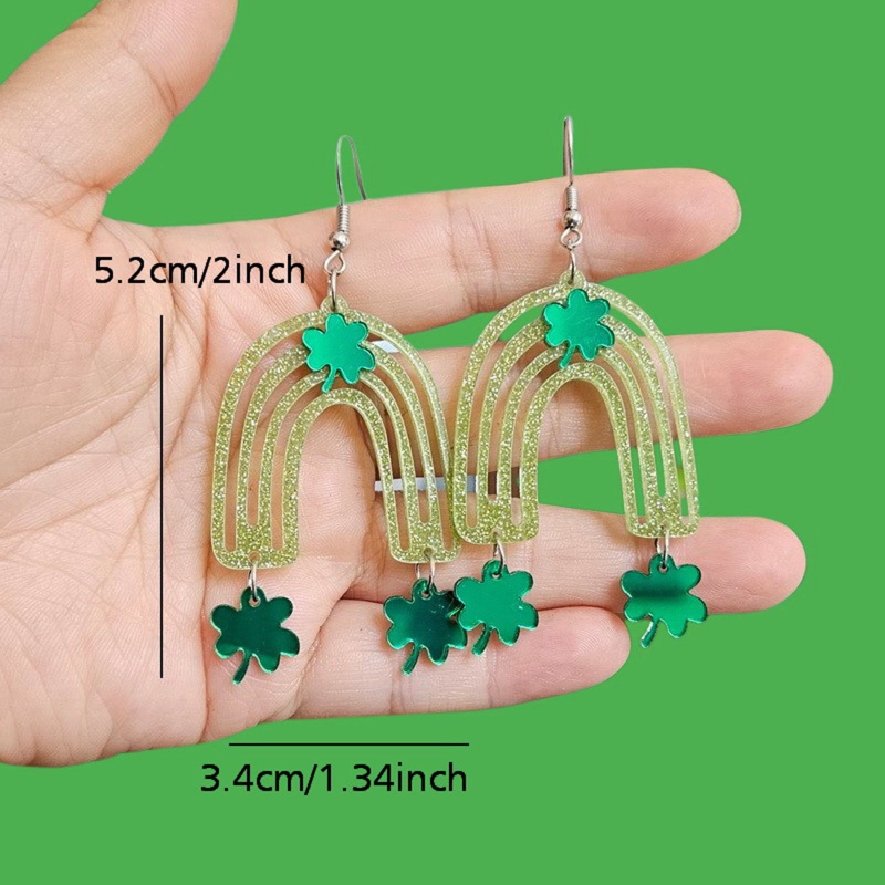1 Pair Acrylic St Patrick's Day Earrings Pale Yellow & Green Rainbow Leaf 6.5Cm