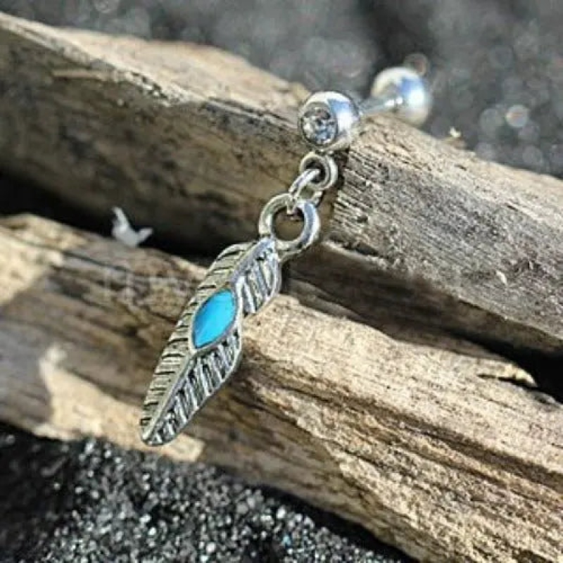 Aqua Enamel Feather Dangle Cartilage Earring