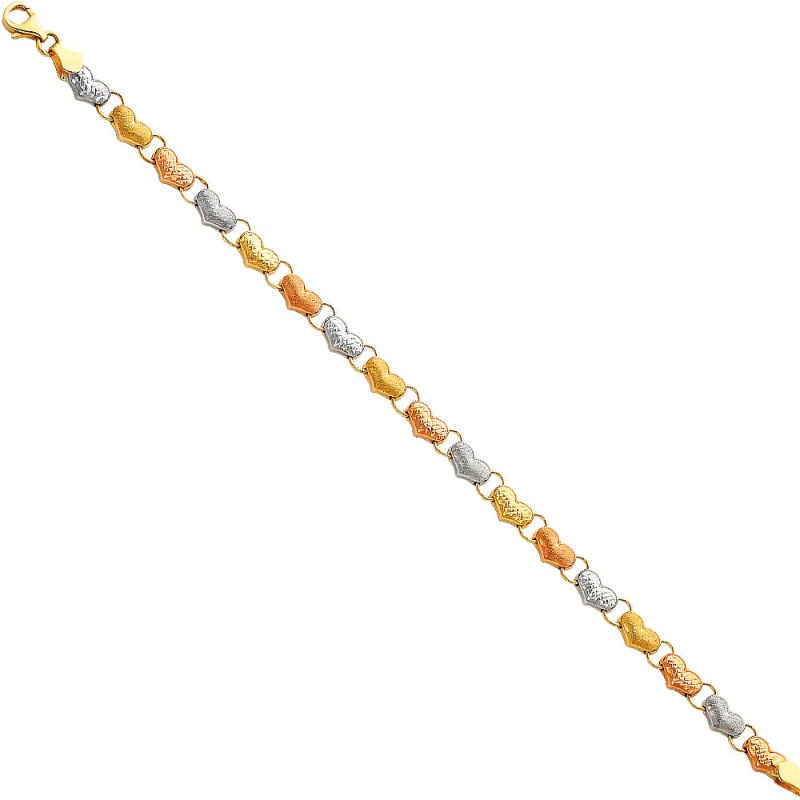 14K Gold Light Stampato Hearts Bracelet - 7.25'