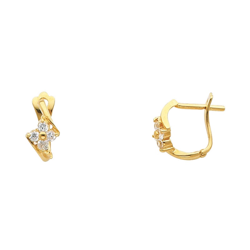 14K Gold Flower Cz Stone Huggie Hoops