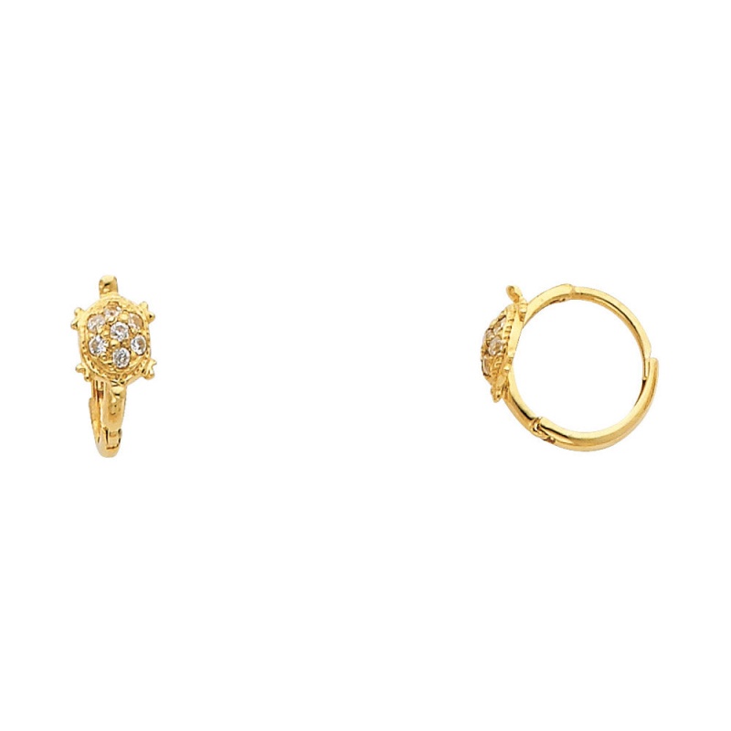 14K Gold Turtle Cz Stone Huggie Hoops