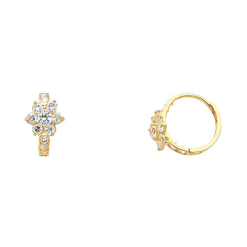 14K Gold Flower Cz Stone Huggie Hoops