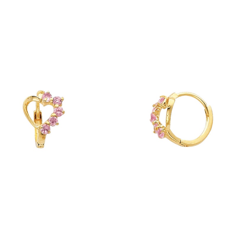 14K Gold Heart Cz Stone Huggie Hoops
