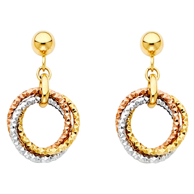 14K Gold Hanging 3 Triple Rings Hoop Earrings