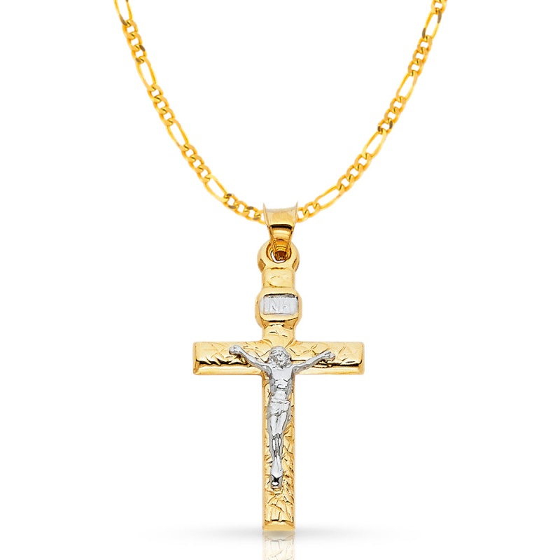 14K Gold Crucifix Cross Pendant With 2.3Mm Figaro 3+1 Chain