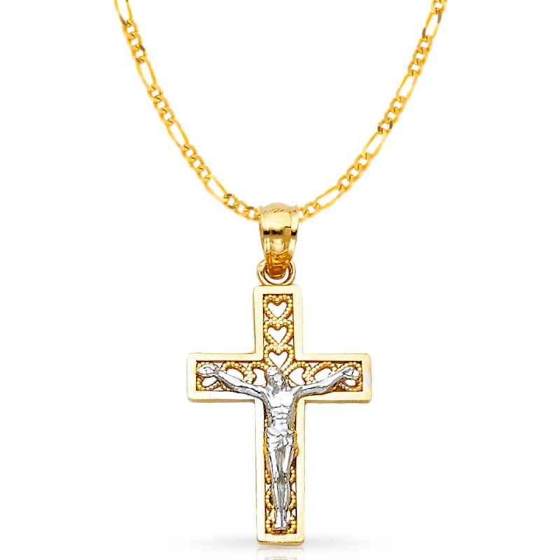 14K Gold Crucifix Cross Pendant With 2.3Mm Figaro 3+1 Chain