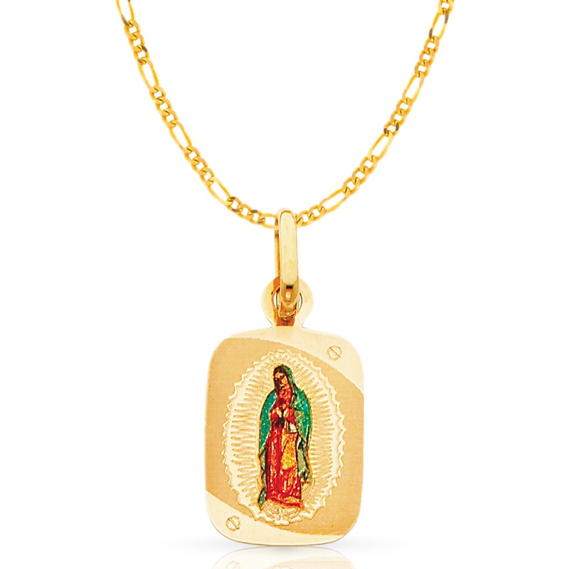 14K Gold Guadalupe Enamel Pendant With 2Mm Figaro 3+1 Chain