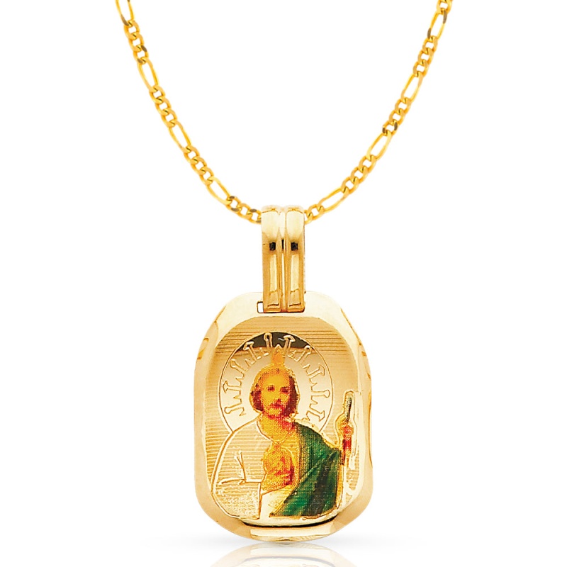 14K Gold St. Jude Enamel Pendant With 2Mm Figaro 3+1 Chain