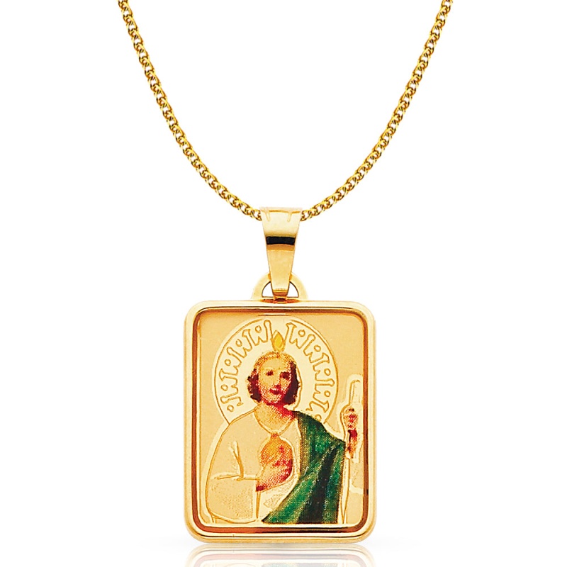 14K Gold St. Jude Enamel Pendant With 1.2Mm Flat Open Wheat Chain