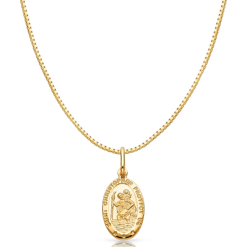 14K Gold St. Christopher Protect Us Religious Charm Pendant With 0.8Mm Box Chain Necklace