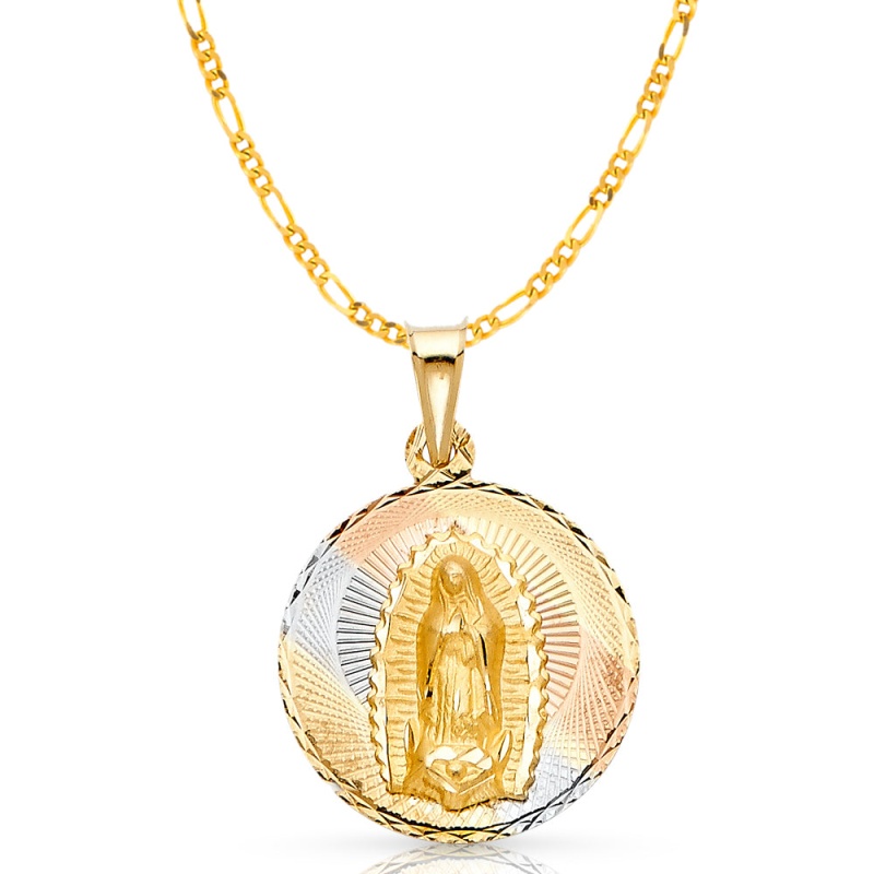 14K Gold Guadalupe Stamp Pendant With 2.3Mm Figaro 3+1 Chain