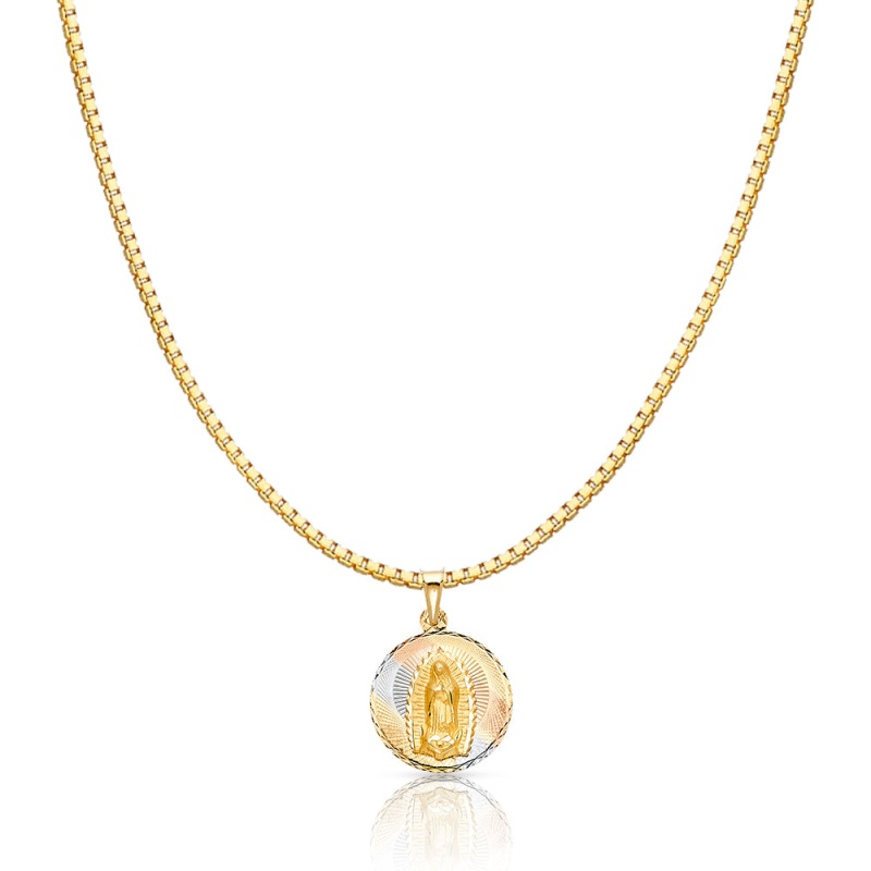 14K Gold Diamond Cut Guadalupe Stamp Religious Charm Pendant With 1.2Mm Box Chain Necklace