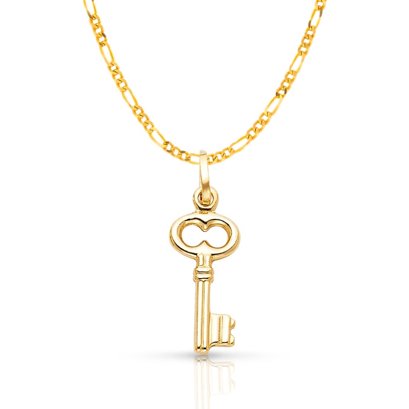 14K Gold Plain Key Charm Pendant With 2Mm Figaro 3+1 Chain Necklace