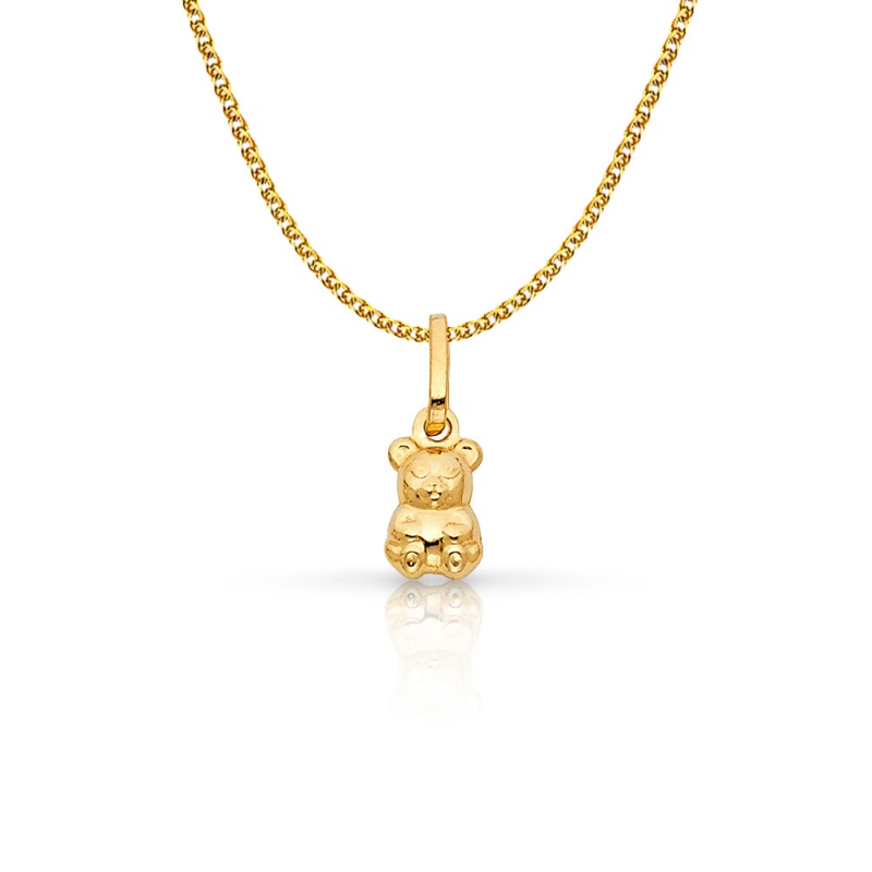 14K Gold Small Sitting Bear Charm Pendant With 1.2Mm Flat Open Wheat Chain Necklace