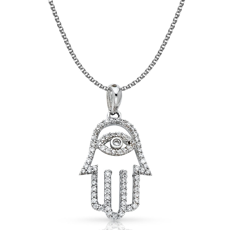 14K Gold Evil Eye Cz Pendant With 1.3Mm Flat Open Wheat Chain
