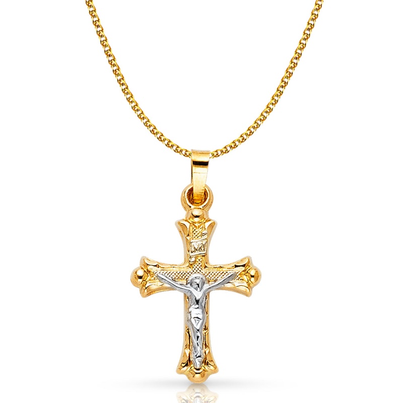 14K Gold Crucifix Pendant With 1.5Mm Flat Open Wheat Chain