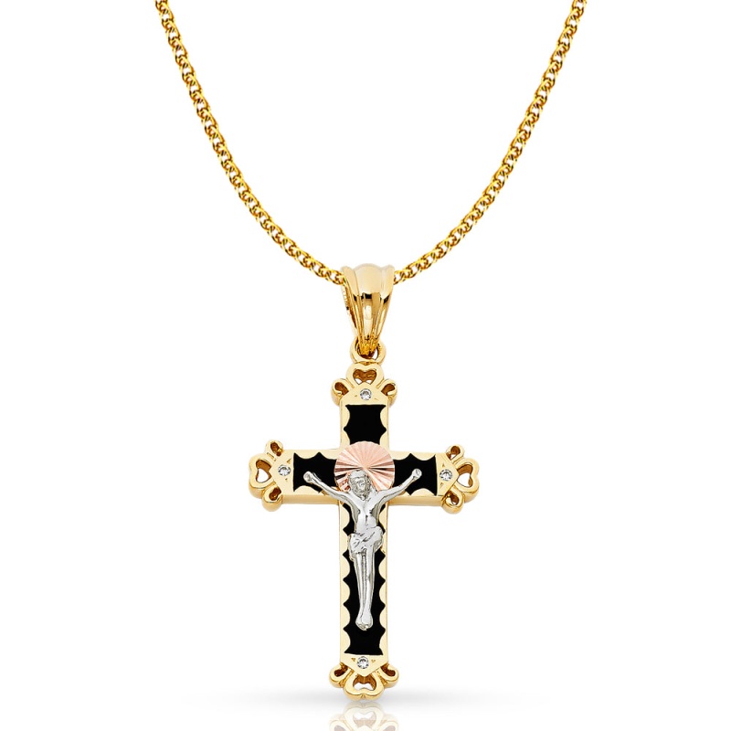 14K Gold Cz Crucifix Pendant With 1.7Mm Flat Open Wheat Chain