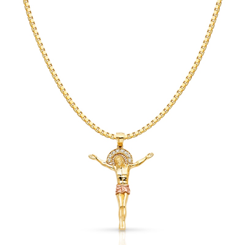 14K Gold Cz Religious Jesus Christ Body Charm Pendant With 1.2Mm Box Chain Necklace