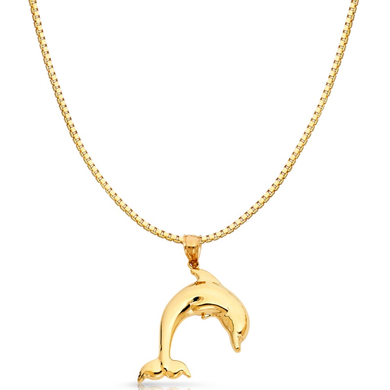 14K Gold Dolphin Charm Pendant With 1.2Mm Box Chain Necklace