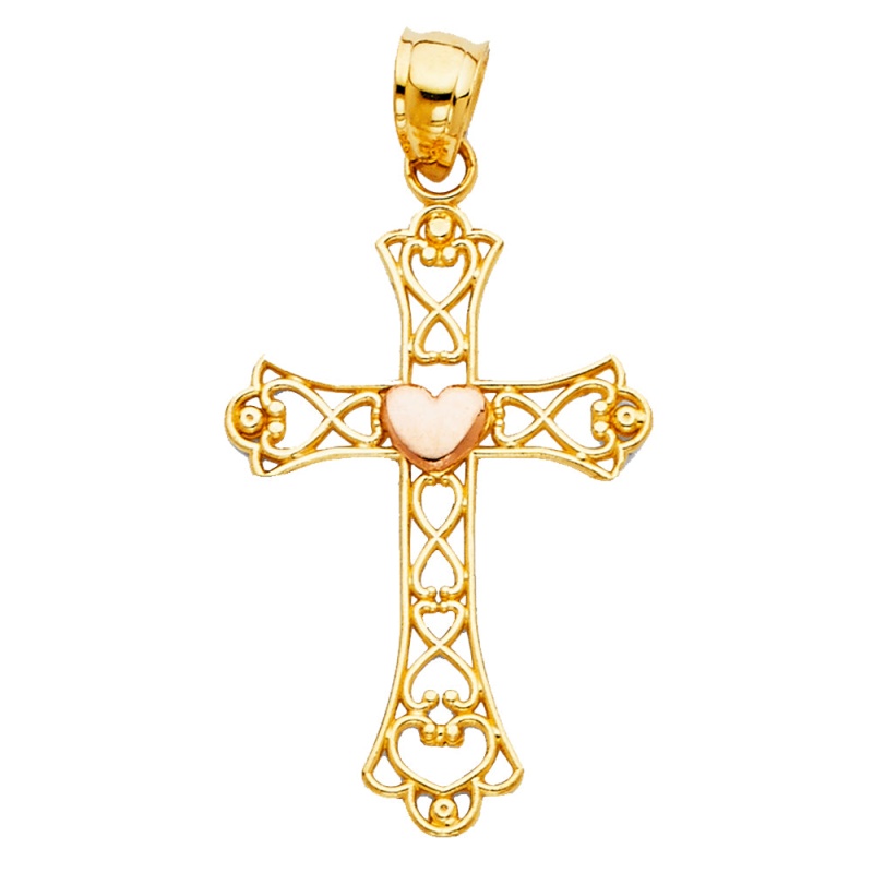 14K Gold Heart Cross Religious Pendant