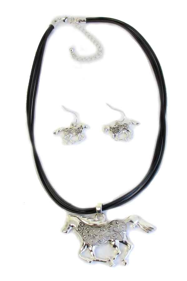 Marcasite Pendant And Multi Cord Necklace Set - Horse