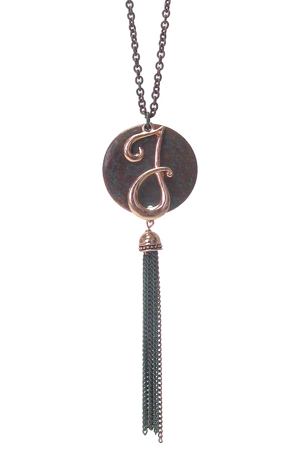 Monogram Patina Pendant And Tassel Drop Long Necklace - j