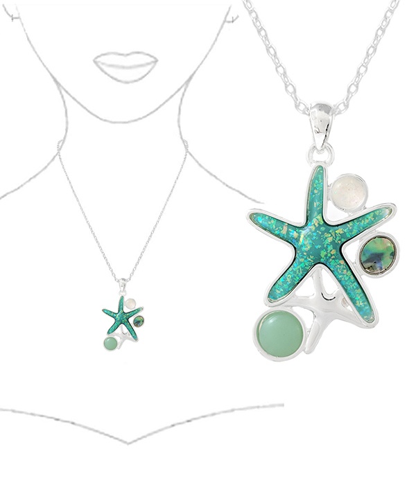 Sealife Theme Opal And Abalone Mix Pendant Necklace - Starfish